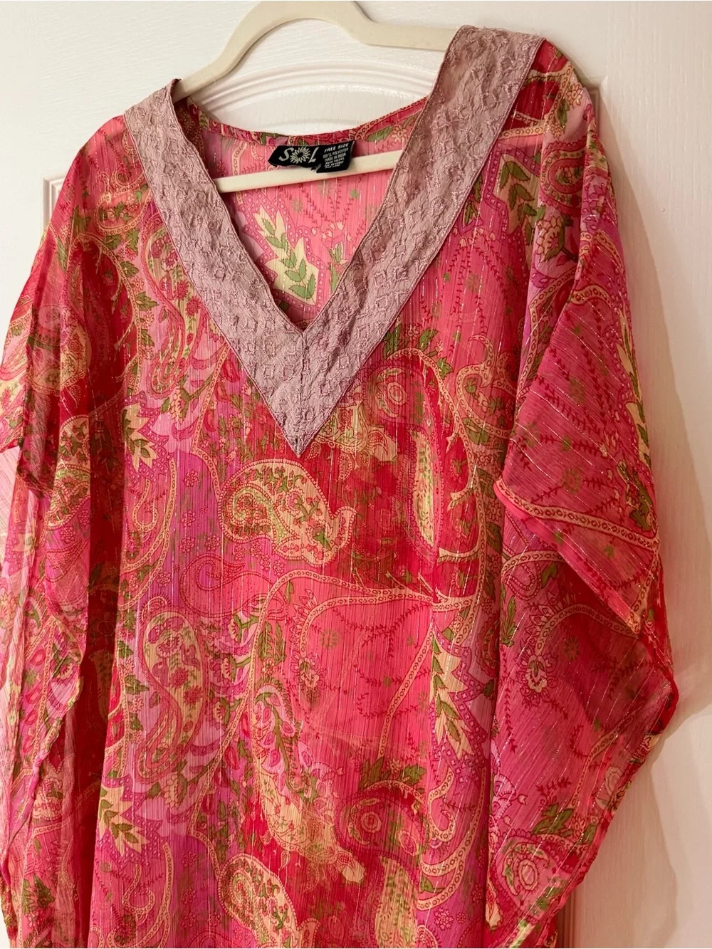 Boho Sheer Paisley Cover-Up Tunic Pink Metallic Lurex Free Size Made in India